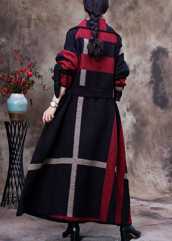 Simple Red Peterpan Collar Plaid Tie Waist Winter Woolen Long Sleeve Trench Coats