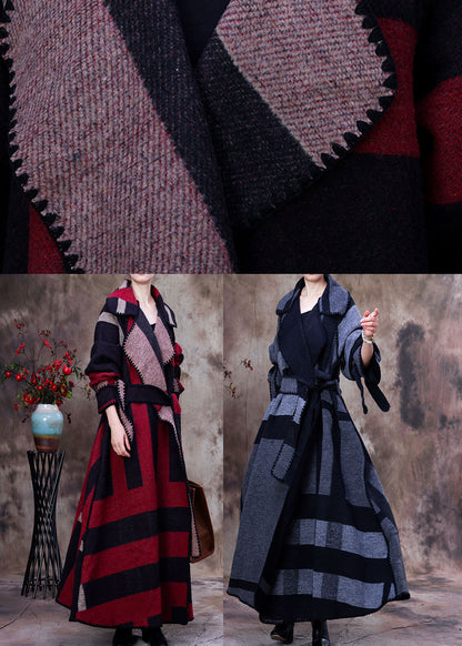 Simple Red Peterpan Collar Plaid Tie Waist Winter Woolen Long Sleeve Trench Coats