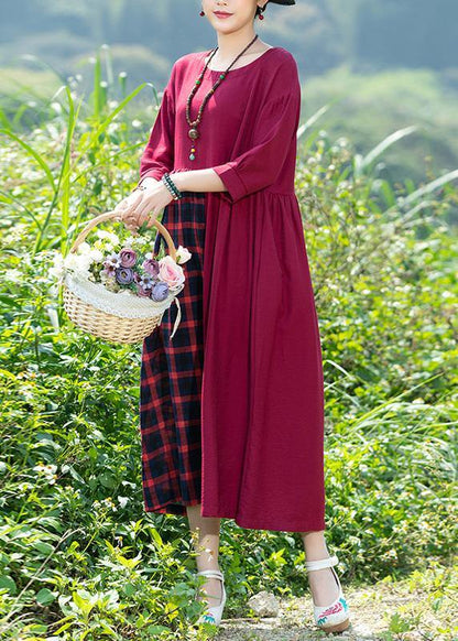 Simple Red Plaid Dress O Neck Patchwork Art Spring Dress