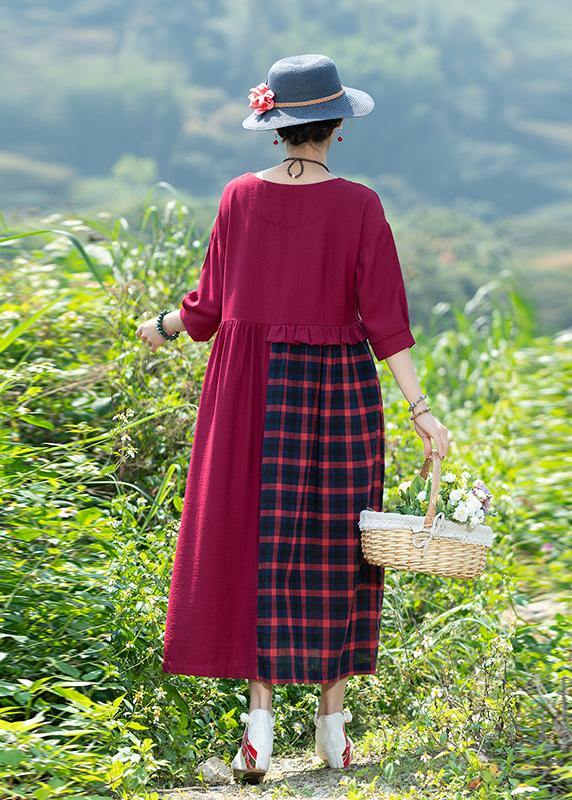 Simple Red Plaid Dress O Neck Patchwork Art Spring Dress