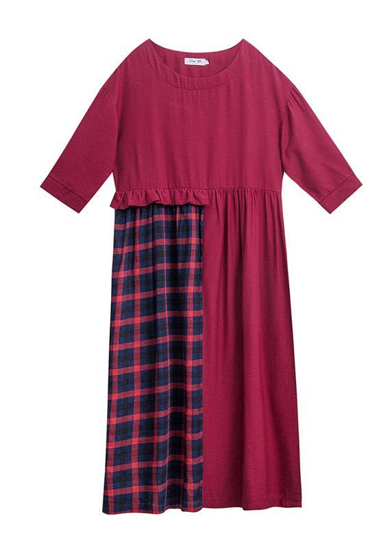 Simple Red Plaid Dress O Neck Patchwork Art Spring Dress