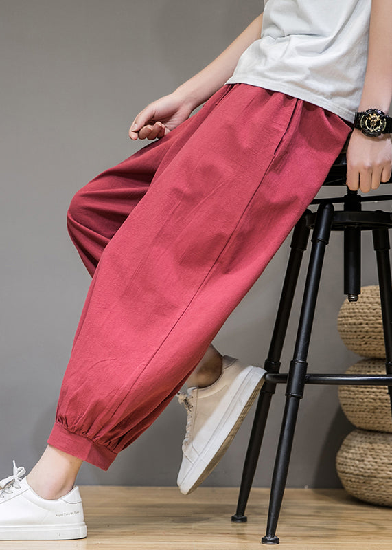 Simple Red Pockets Elastic Waist Cotton Crop Pants Summer