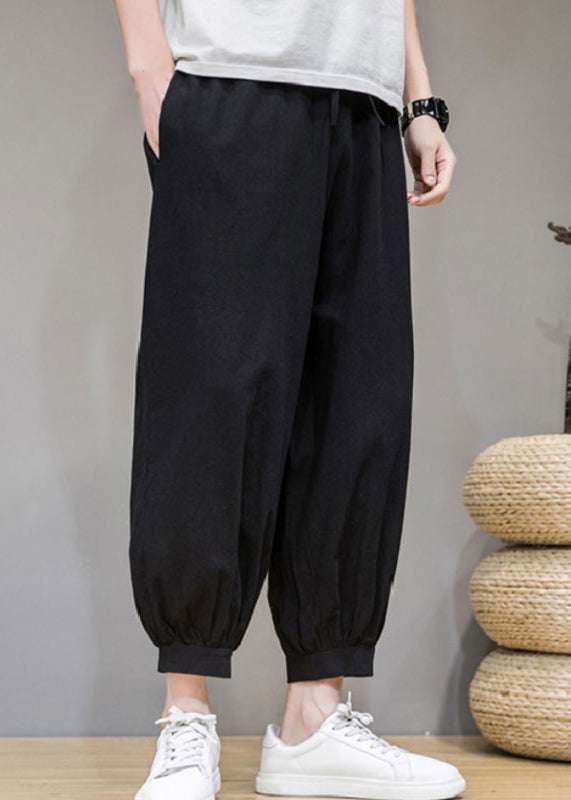 Simple Red Pockets Elastic Waist Cotton Crop Pants Summer
