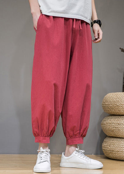 Simple Red Pockets Elastic Waist Cotton Crop Pants Summer