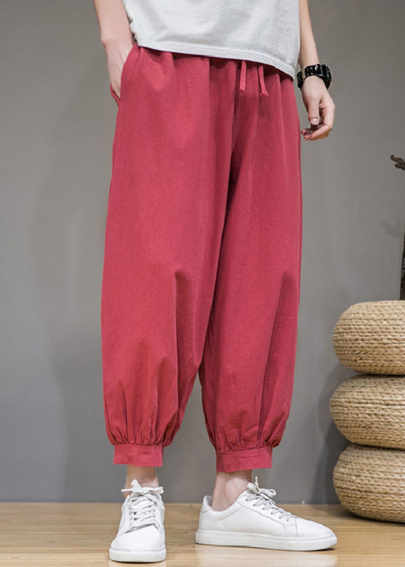 Simple Red Pockets Elastic Waist Cotton Crop Pants Summer