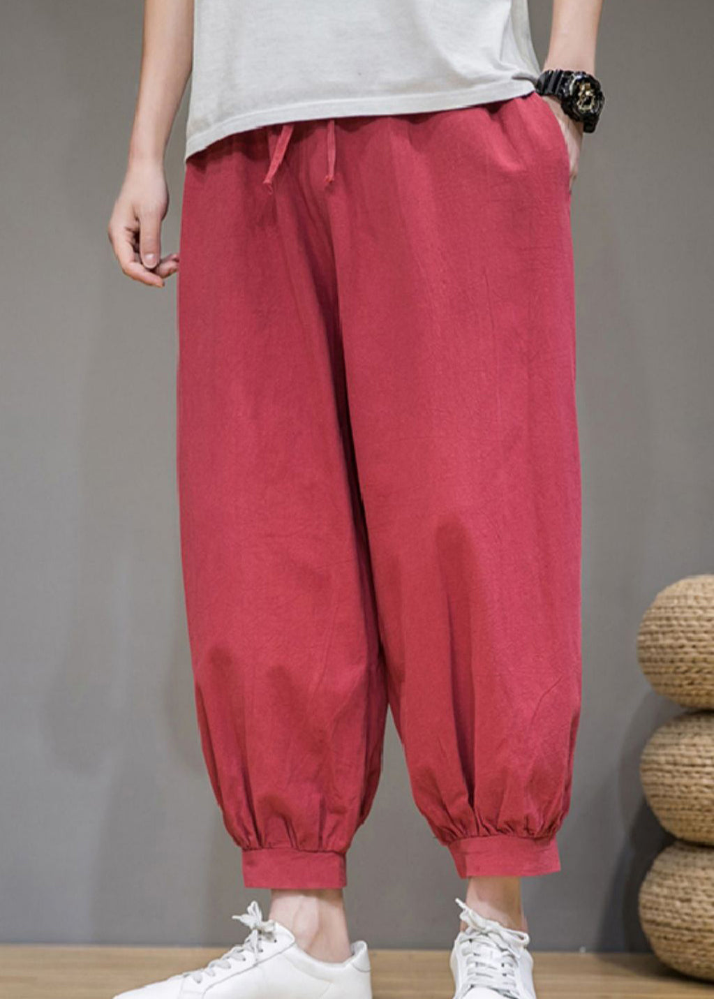 Simple Red Pockets Elastic Waist Cotton Crop Pants Summer