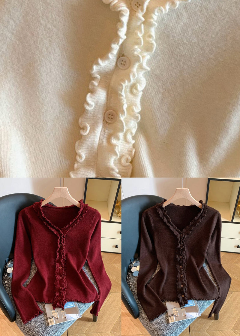 Simple Red V Neck Ruffled Knit Sweater Fall