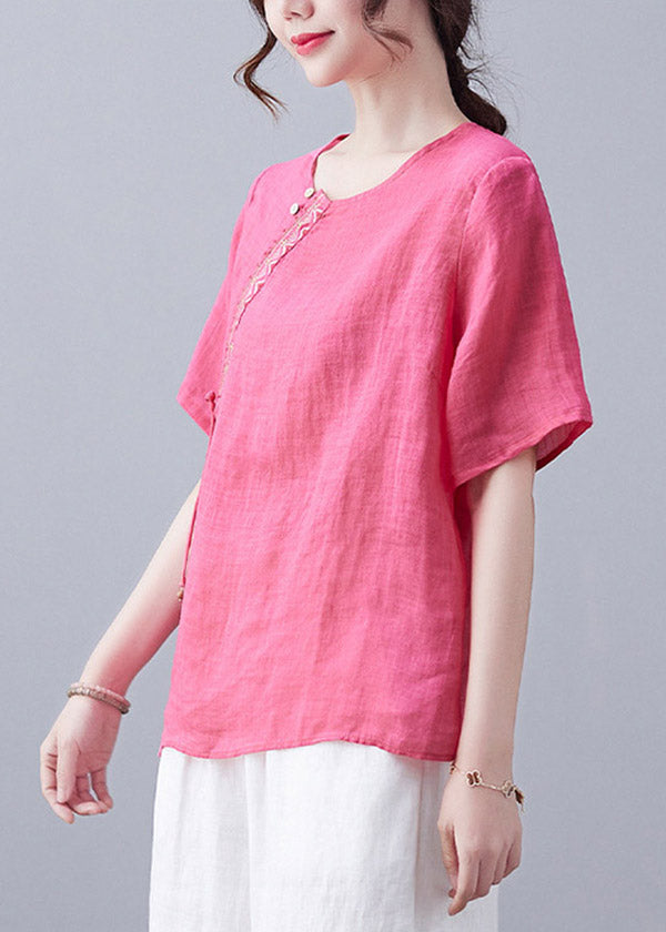 Simple Rose O-neck Asymmetrical Design Embroideried Top Short Sleeve