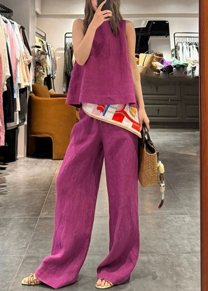 Simple Rose O Neck Tank and Pants Linen Two Pieces Set Sleeveless