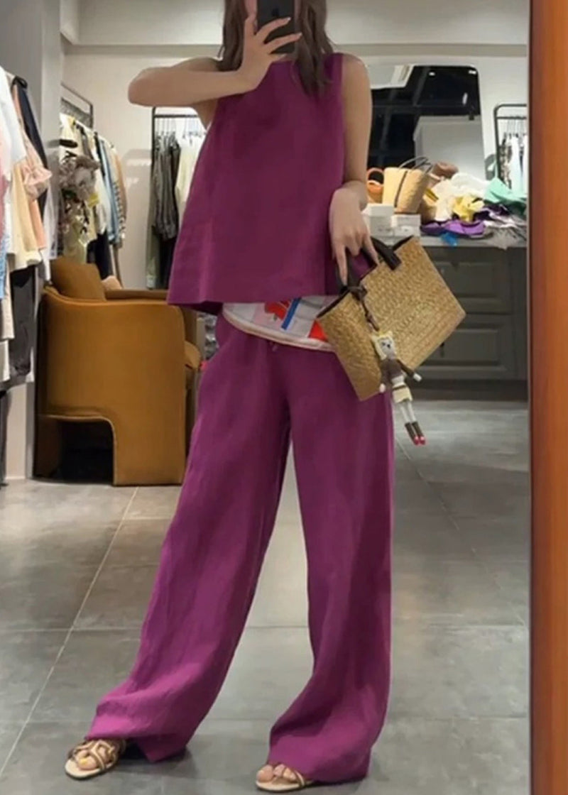 Simple Rose O Neck Tank and Pants Linen Two Pieces Set Sleeveless