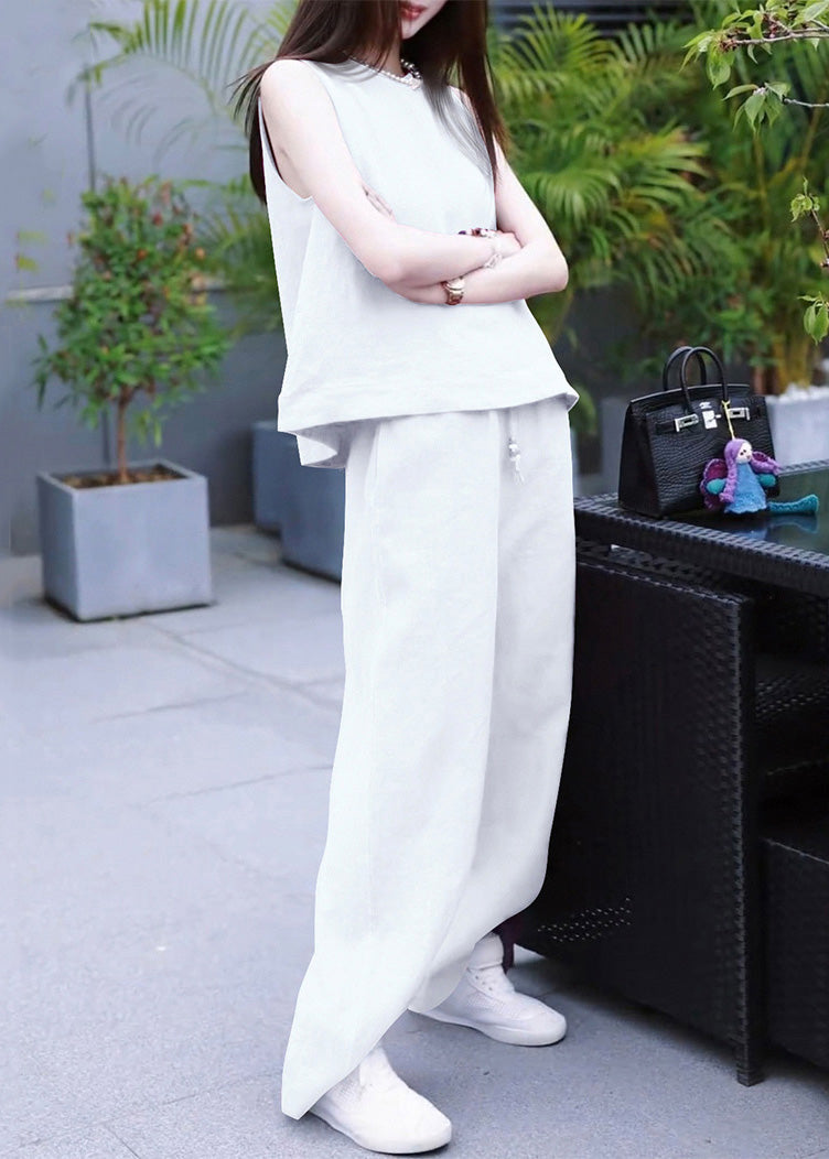 Simple Rose O Neck Tank and Pants Linen Two Pieces Set Sleeveless