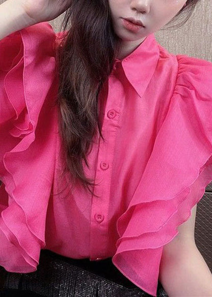 Simple Rose Peter Pan Collar Ruffled Patchwork Silk Shirt Top Summer