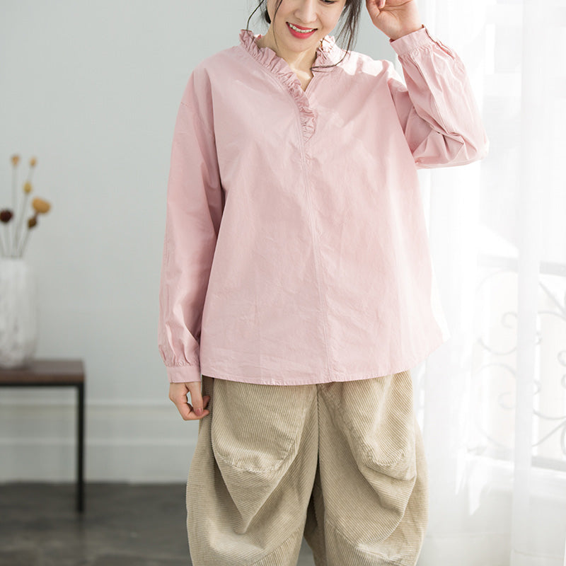 Simple Ruffles Cotton Top Silhouette Omychic Sleeve Light Pink Loose Shirt