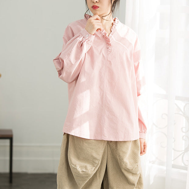 Simple Ruffles Cotton Top Silhouette Omychic Sleeve Light Pink Loose Shirt