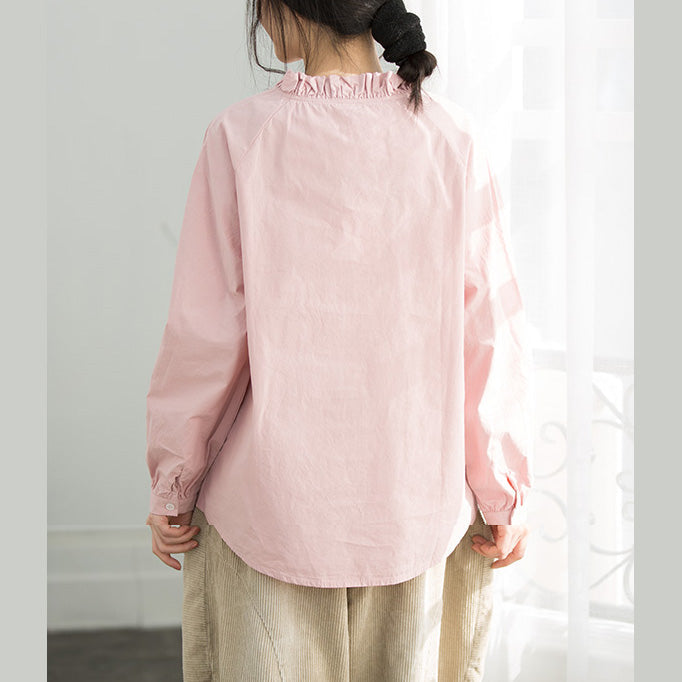 Simple Ruffles Cotton Top Silhouette Omychic Sleeve Light Pink Loose Shirt