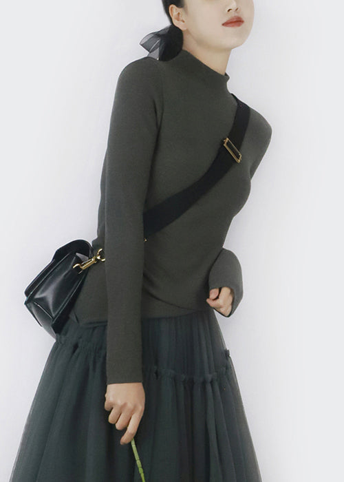 Simple Smoke Grey Turtleneck Thick T Shirts Winter