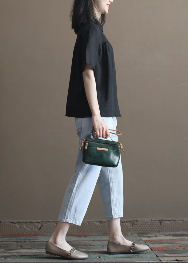 Simple Black Peter Pan Collar Wrinkled Button Linen Blouses Short Sleeve
