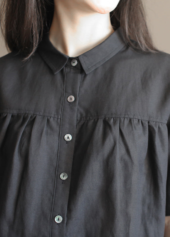 Simple Black Peter Pan Collar Wrinkled Button Linen Blouses Short Sleeve