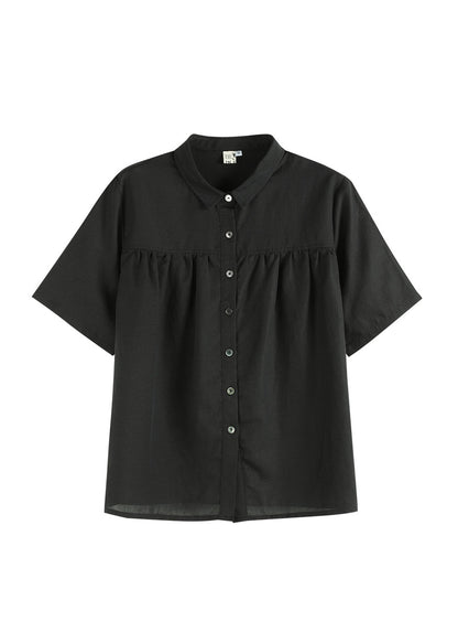 Simple Black Peter Pan Collar Wrinkled Button Linen Blouses Short Sleeve