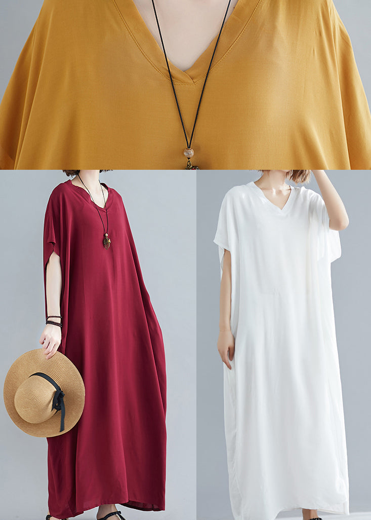 Simple White V Neck Cotton Beach Long Dress Short Sleeve