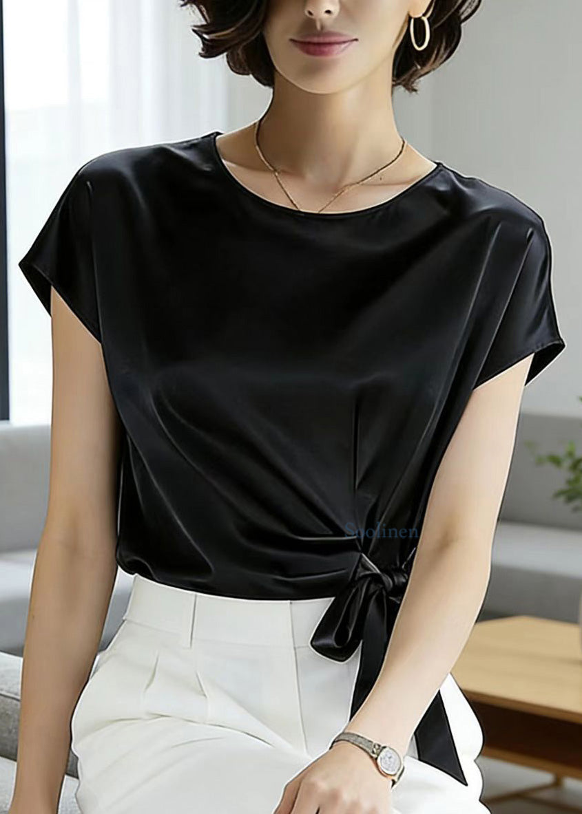 Simple Style Black O Neck Lace Up Silk Tops Summer