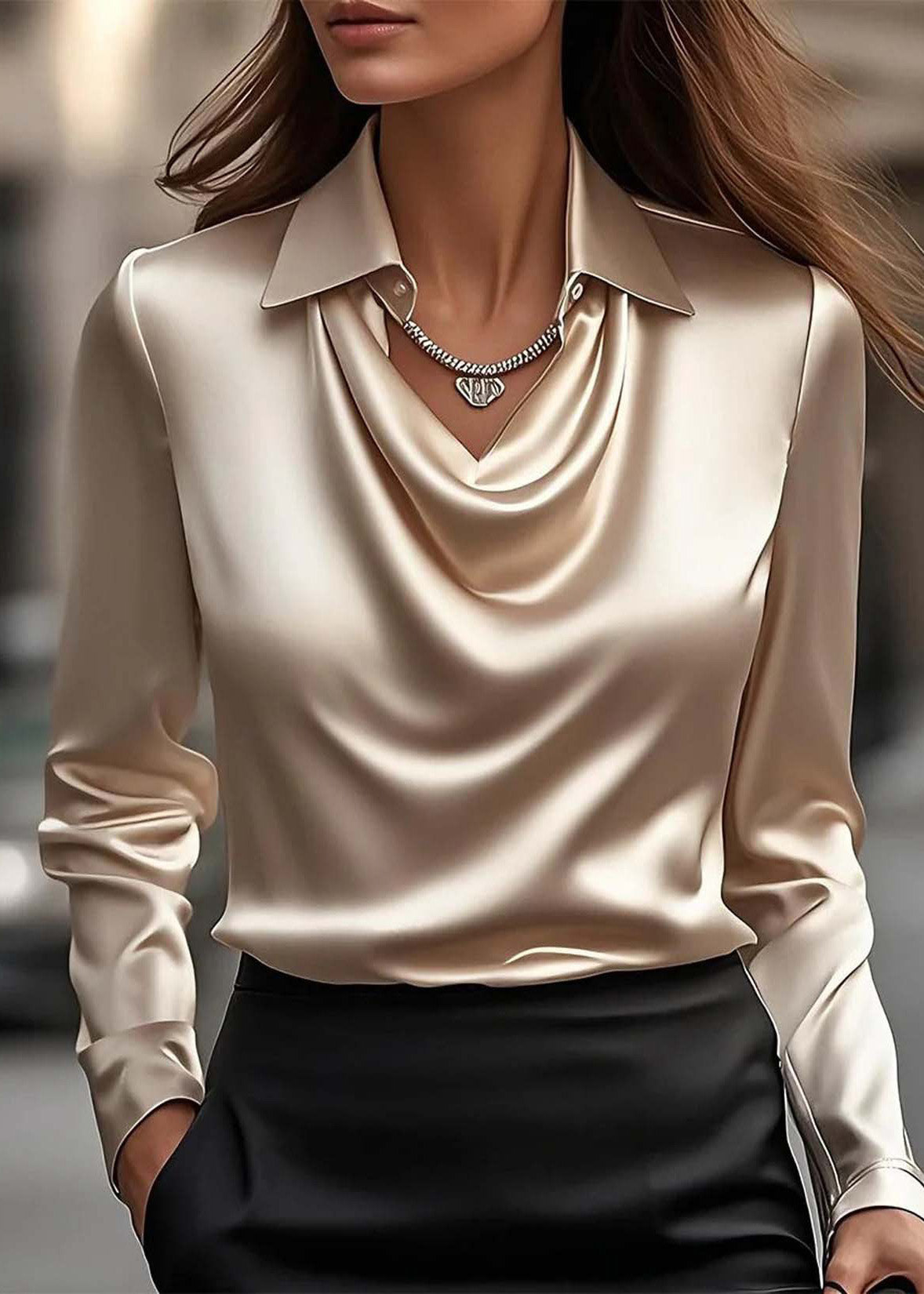 Simple Style Grey Peter Pan Collar Silk Shirts Top Spring