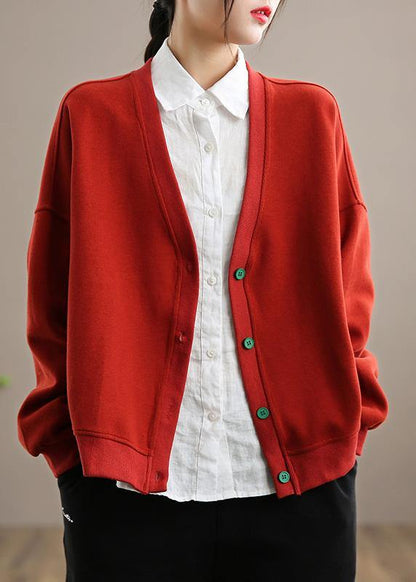 Simple V Neck Button Down Spring Red Outwear