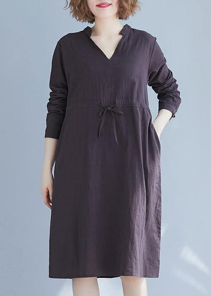 Simple V Neck Drawstring Spring Robes Neckline Gray Dresses