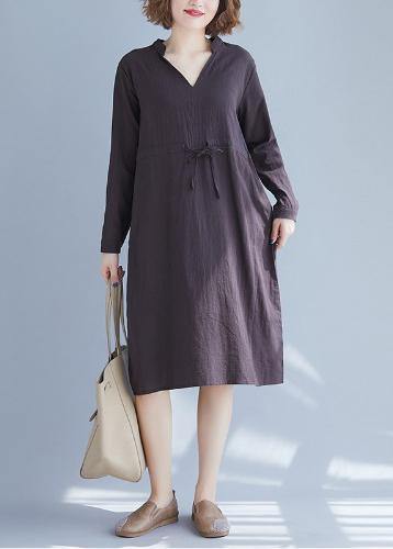 Simple V Neck Drawstring Spring Robes Neckline Gray Dresses
