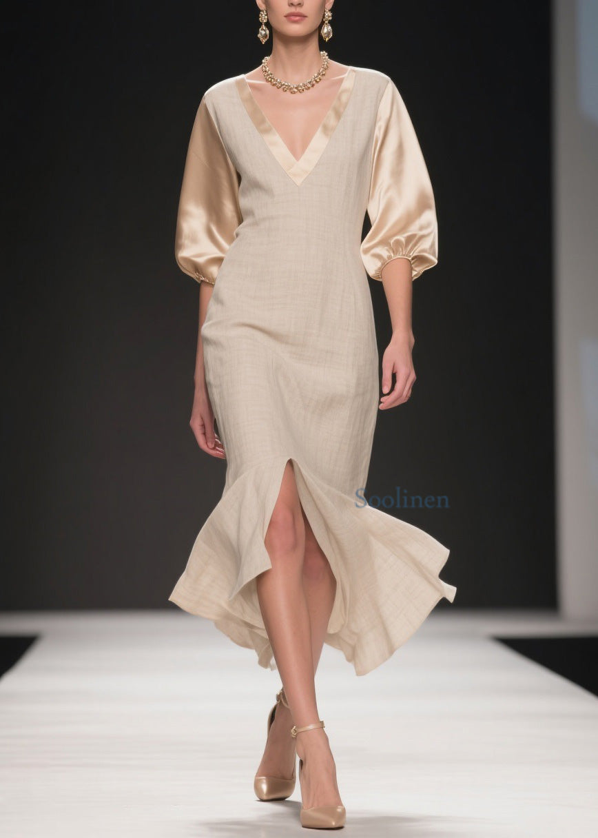 Simple V Neck Side Open Patchwork Linen Silk Dress Summer
