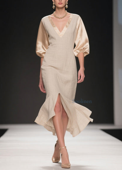 Simple V Neck Side Open Patchwork Linen Silk Dress Summer