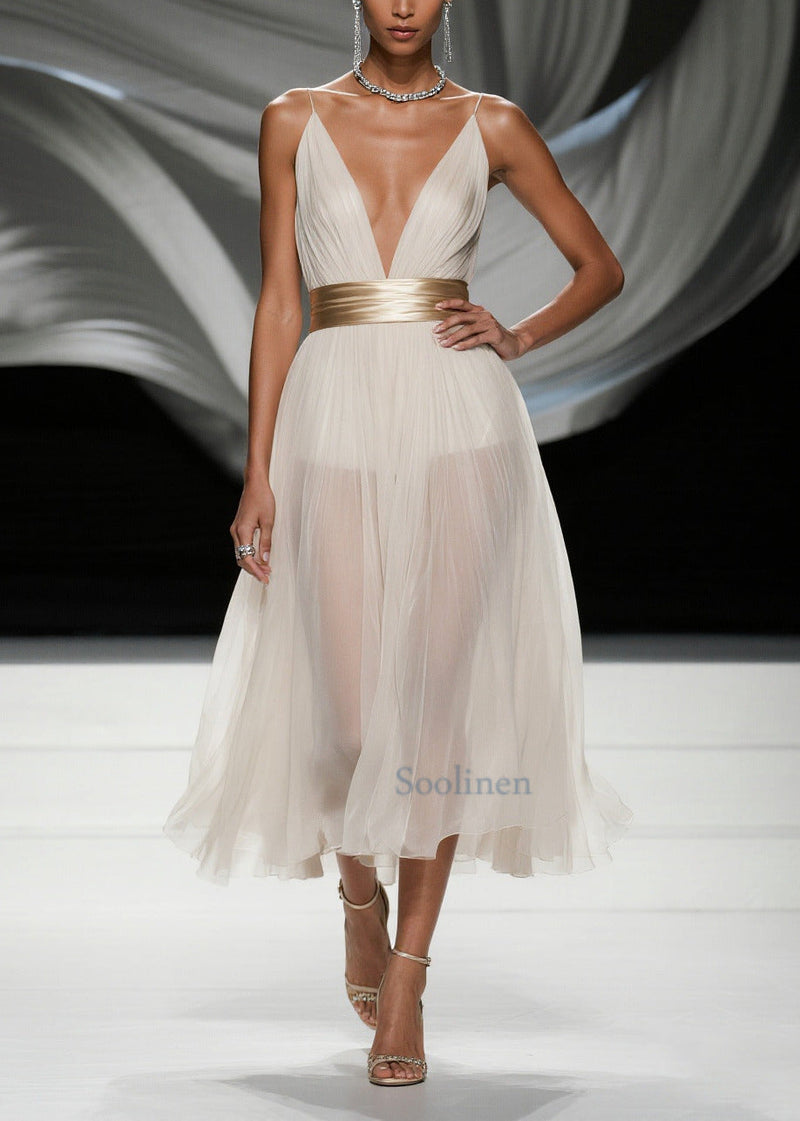 Simple White Deep-v Neck Tulle Tunic Beach Dress Summer