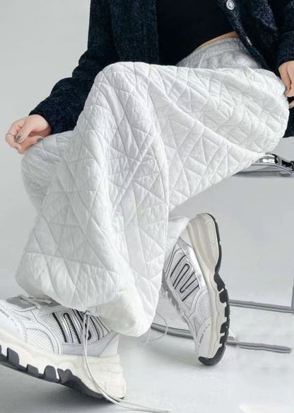 Simple White Drawstring Elastic Waist Pants Winter