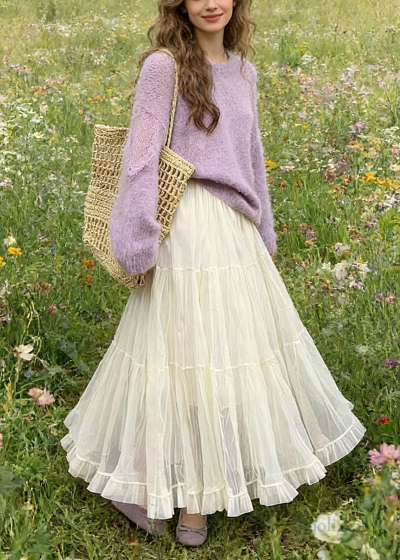 Simple White Elastic Waist Exra Large Hem Tulle Skirt Spring