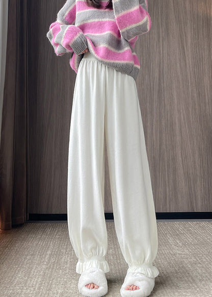 Simple White Elastic Waist Pockets Knit Pants Spring
