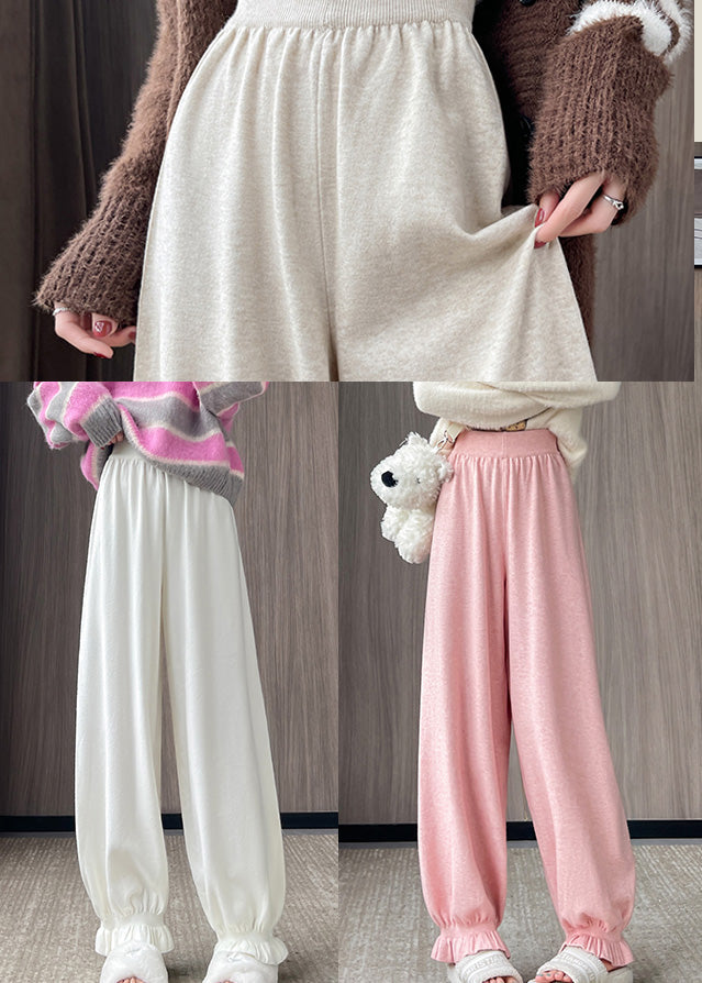 Simple White Elastic Waist Pockets Knit Pants Spring
