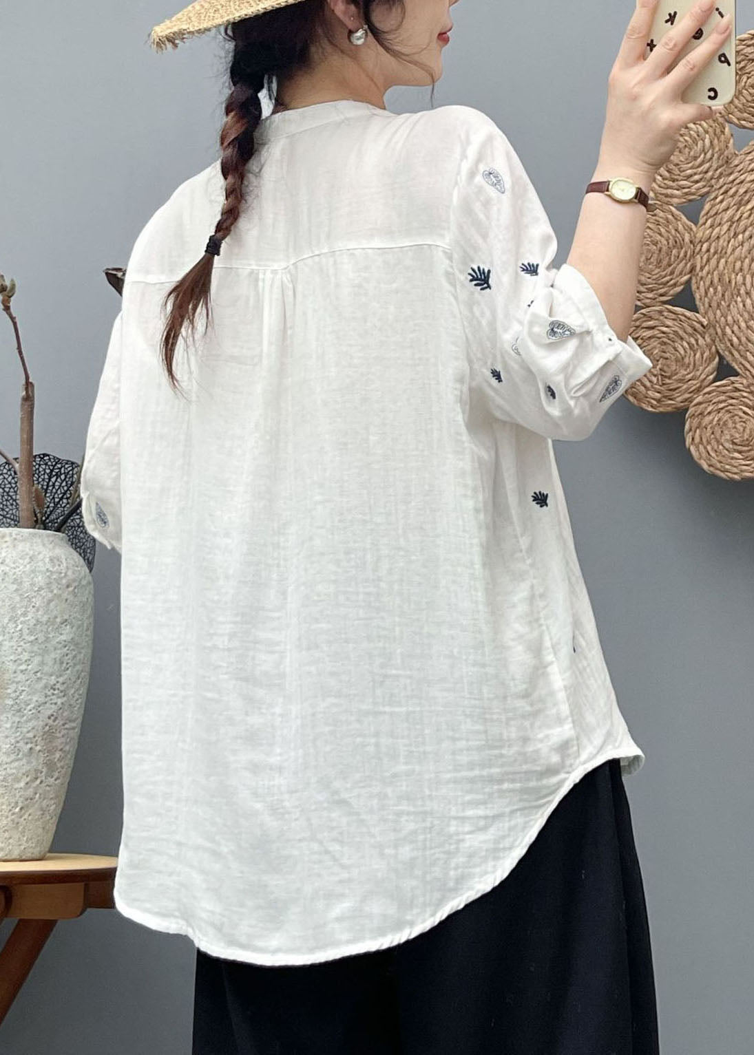 Simple White Embroidered Cotton Top Half Sleeve