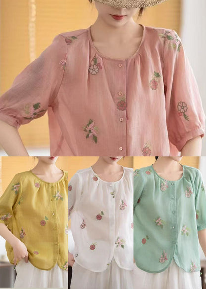 Simple White Embroidered Linen Shirt Half Sleeve