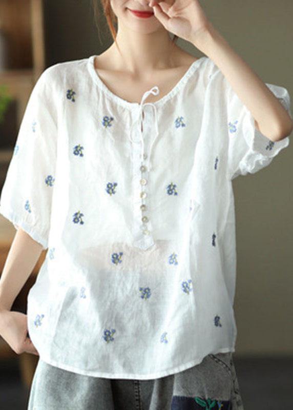 Simple White Embroideried O-neck Summer Ramie Tops Half Sleeve