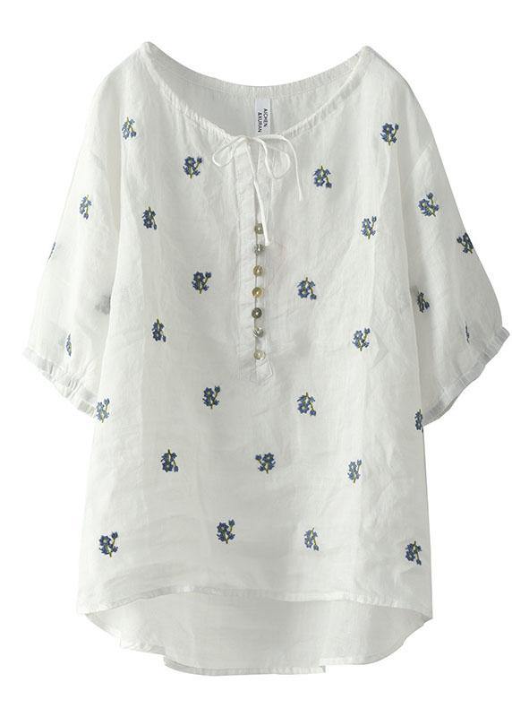 Simple White Embroideried O-neck Summer Ramie Tops Half Sleeve