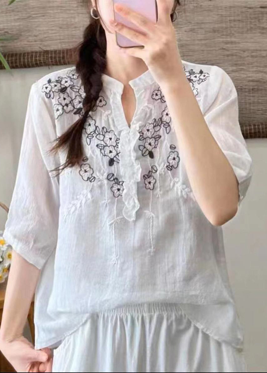 Simple Yellow Embroidered Ruffled Linen Shirt Top Summer