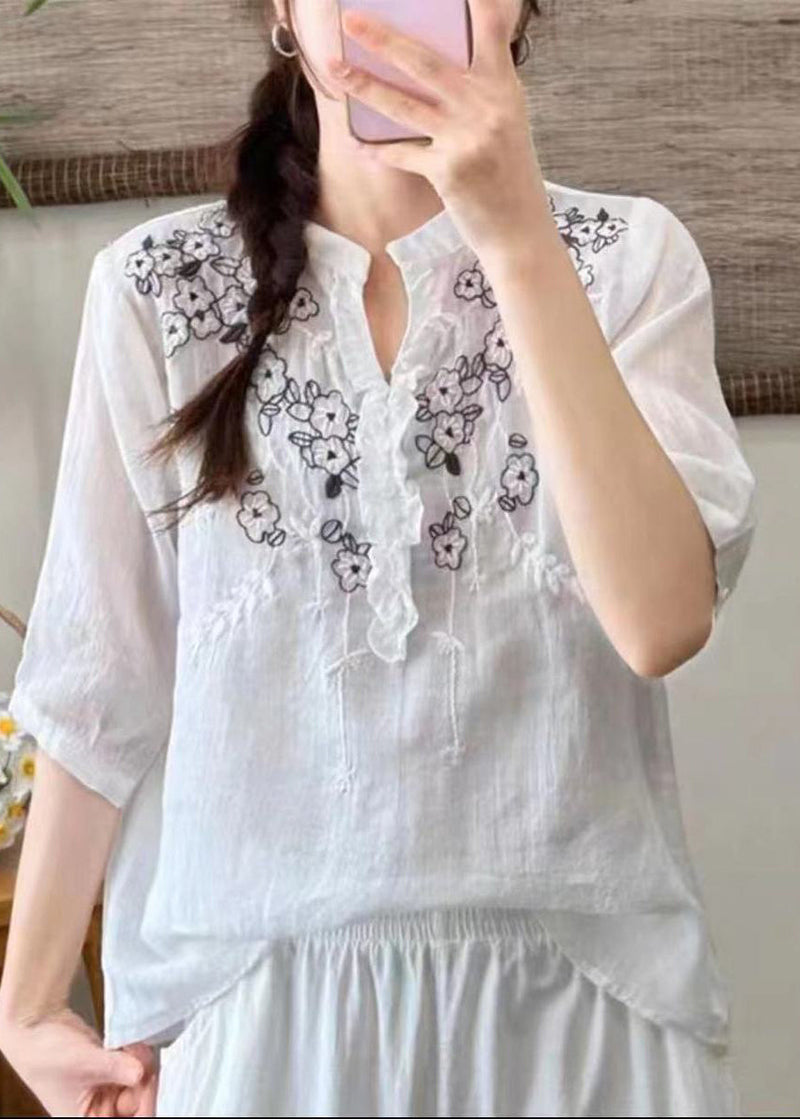 Simple Yellow Embroidered Ruffled Linen Shirt Top Summer