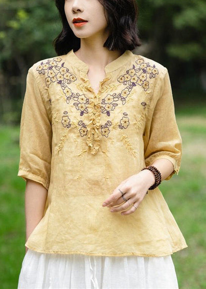 Simple Yellow Embroidered Ruffled Linen Shirt Top Summer