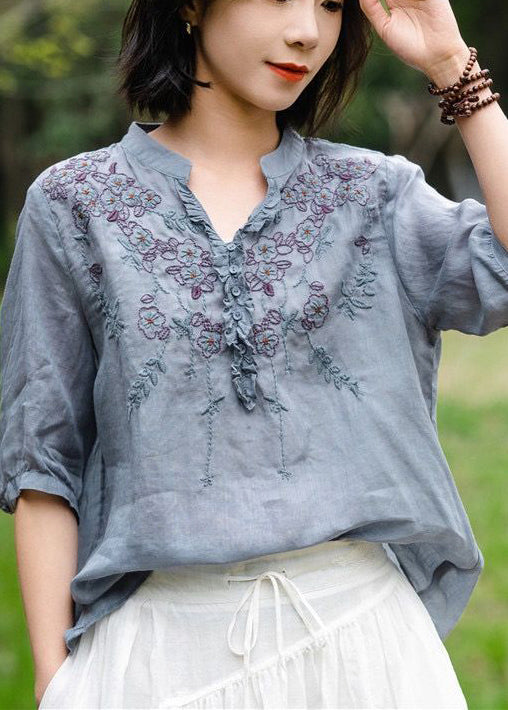 Simple Yellow Embroidered Ruffled Linen Shirt Top Summer