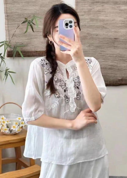 Simple Yellow Embroidered Ruffled Linen Shirt Top Summer