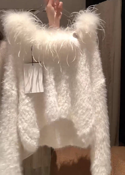 Simple White Fur Collar Cozy Knit Sweater Spring
