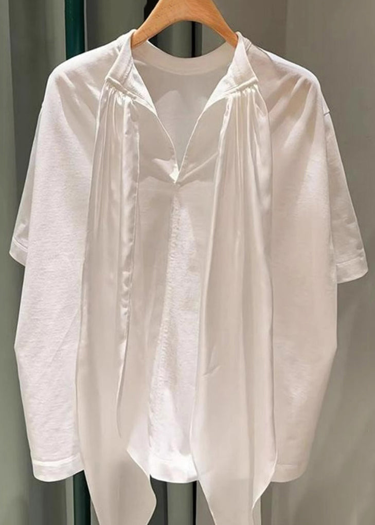 Simple White Lace Up Cotton T Shirts Summer