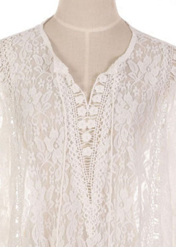 Simple White Long Sleeve Lace Hollow Out Summer Shift Dresses
