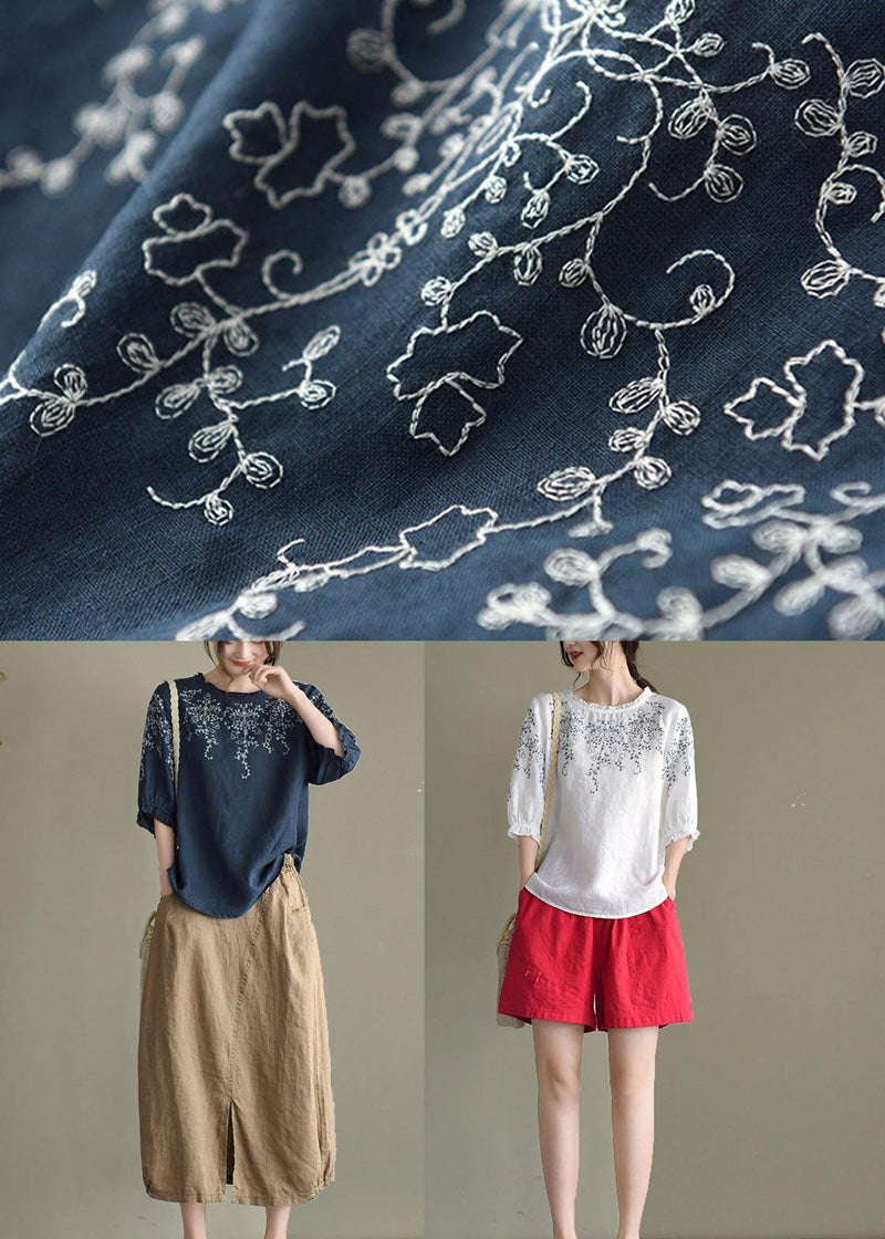 Simple White Loose O-neck Embroideried Summer Linen Blouse Top