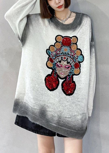 Simple White Loose O-neck Tie Dye Fall Long Knit Top